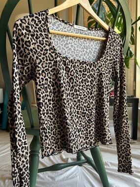 Caution To The Wind Leopard Print Long-Sleeve Square Neck Top